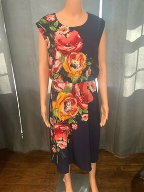 London Times Navy Midi Dress with Red, Yellow & Green Floral Print